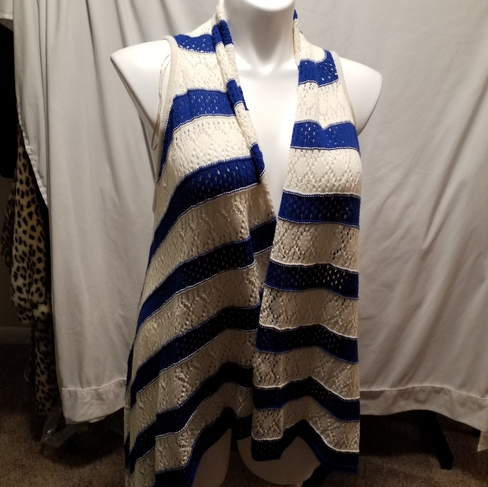 Blue and white long sweater vest